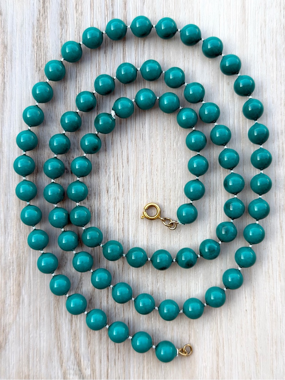 Vintage Teal Green Beaded Necklace Glossy Round Ball Shaped Knotted Strand